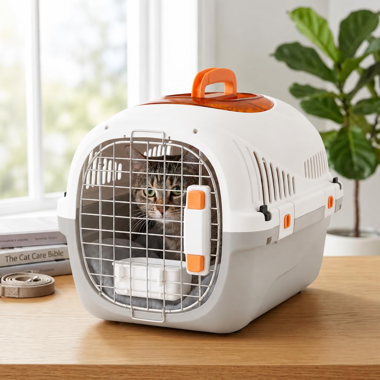 SNOEKIE Katzen Transportbox mit 2 Öffnungen, 49,5 x 32 x 32,6 cm, Haustierbox für Katzen & kleine Hunde, mit Dachöffnung, Fronttür, Metallgittertür & Tragegriff, Cremeweiß/Grau