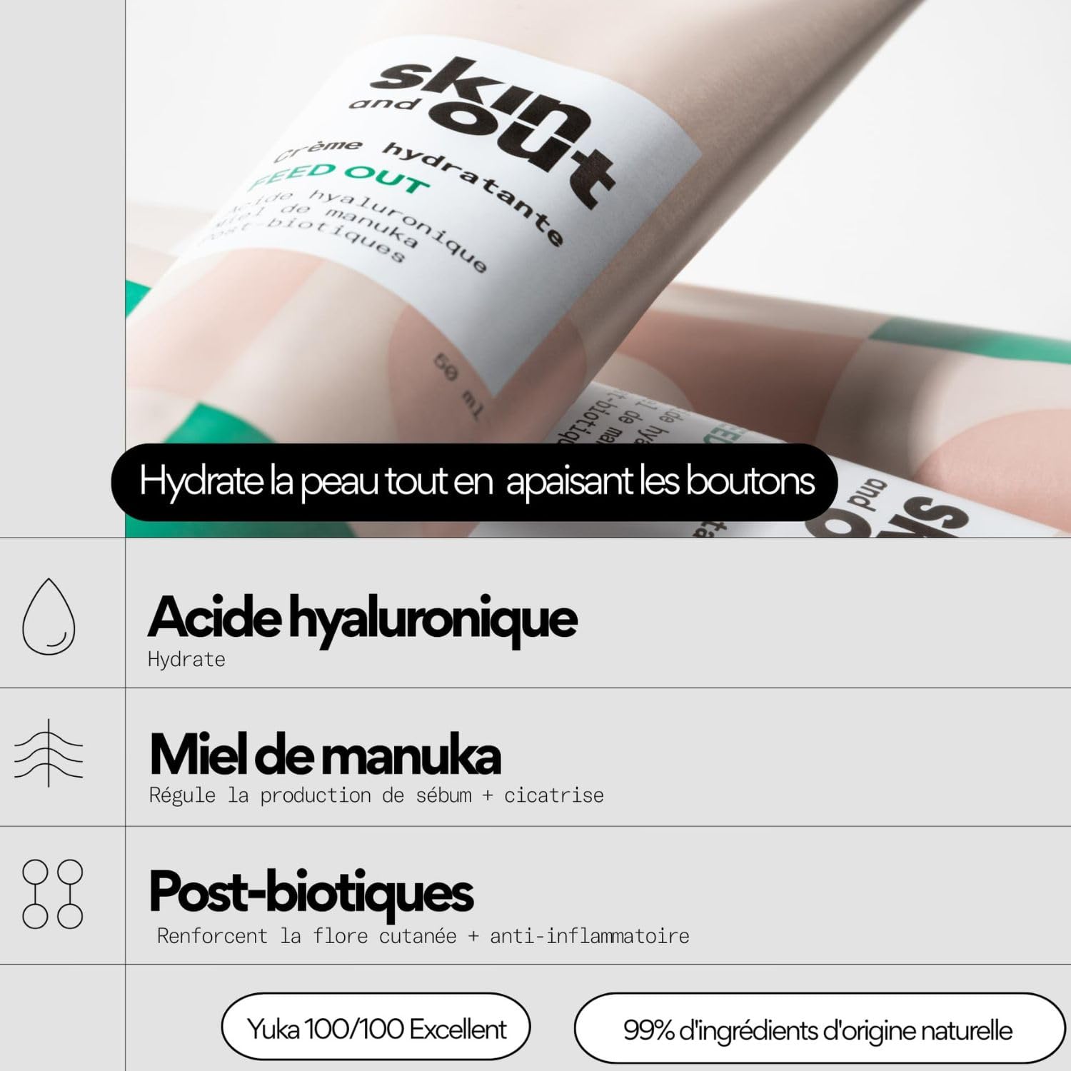 Skin & Out – Crème Hydratante Peaux Mixtes à Grasses – 99% d’Origine Naturelle – Hydrate, Apaise les boutons, Régule le Sébum – Fini non gras