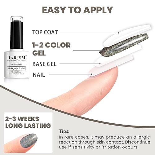 Miniatura 4 de RARJSM Esmalte de uñas de gel holográfico, gris, hermoso y brillante, con purpurina, efecto sirena, unicornio, lámpara de secado necesario para