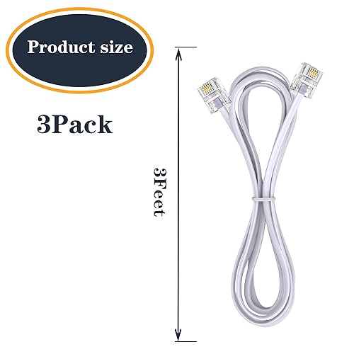 Vista 35 de Paquete de 3 cables de extensión de teléfono de 1 pie con enchufes RJ11 6P4C estándar para teléfono fijo y fax (3, negro, 1 pie) Negro