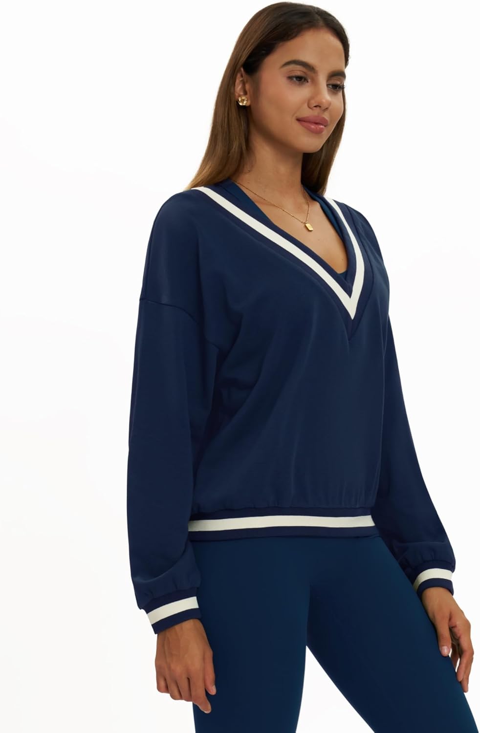 ABOCIW Sweatshirt for Women V Neck Collar Color Block Long Sleeve Pullover Tops Fall Fashion Outfits Winter Clothes 2025 - Image 3