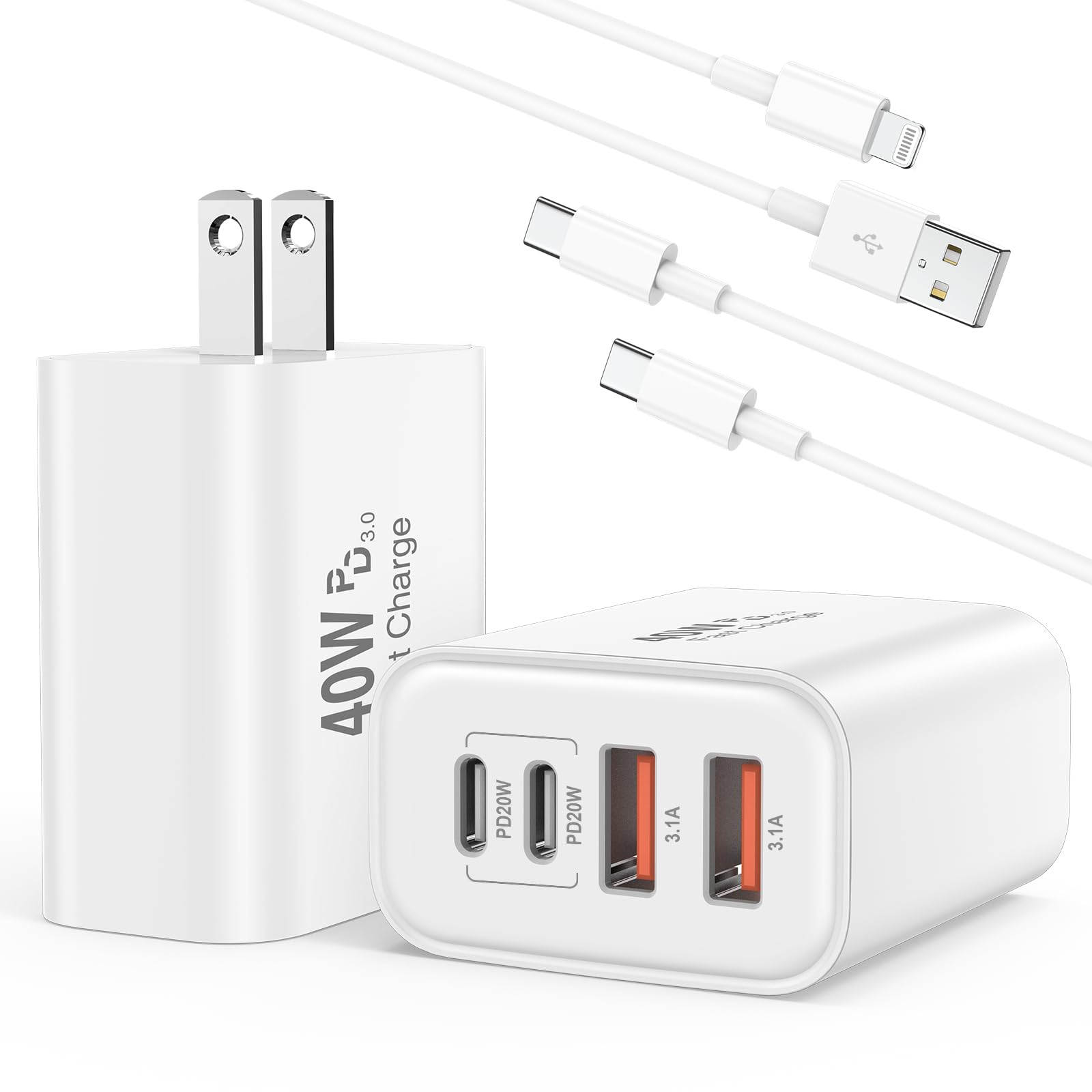 USB C Charger Block,40W 4-Port Fast USB C Wall Charger Brick Power Adapter Multiport Type C Fast Charging and 2Pack 6ft C to C, A to Lightning Cable