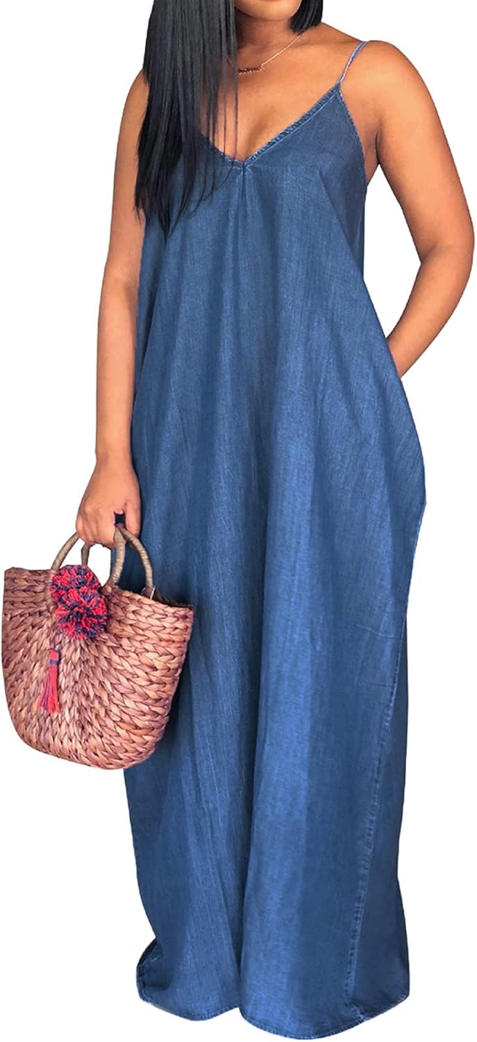 SeNight Women's Sexy Maxi Denim Dresses Casual Spaghetti Strap Striped Long Sundress Wiht Pockets