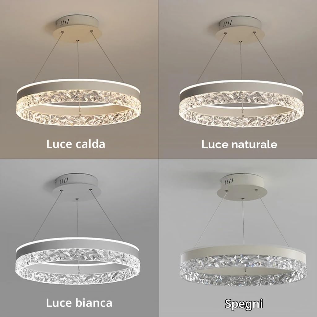 Lampadario LED Sospeso Ø50cm con Cristalli – Dimmerabile, Luce Regolabile 3000K-6400K, Telecomando Incluso, Altezza Regolabile, Design Moderno per Soggiorno, Sala da Pranzo, Camera da Letto (Bianco)