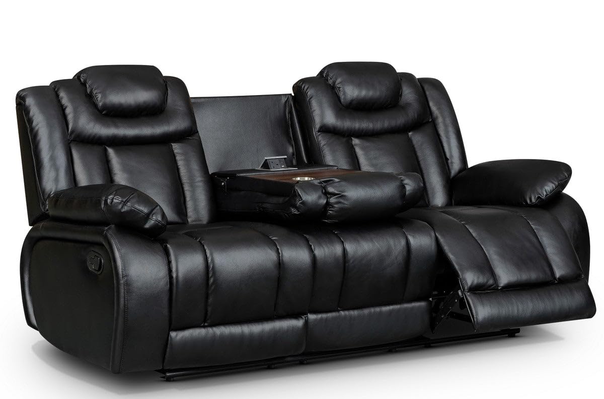 Luxury Durable PU Faux Leather Black 3 Seater Recliner Sofa with Drop-Down Table 2x Cup Holders, Electric Sockets & USB Ports - Easy Manual Lever Non-Peeling Living Room Lazy Boy Couch