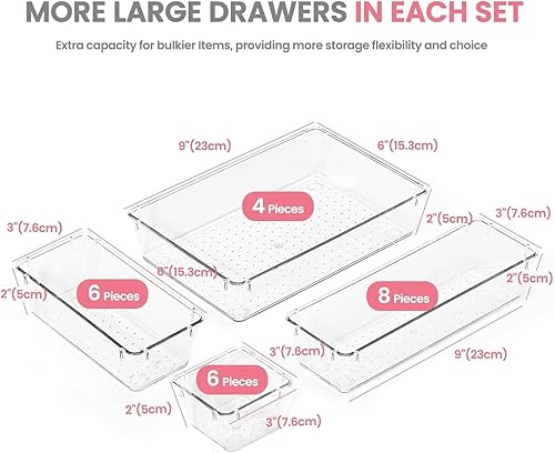 Miniatura 2 de HOUSE DAY Organizador de cajones de escritorio, 24 unidades, organizadores de cajones transparentes de 4 tamaños con almohadillas de silicona,