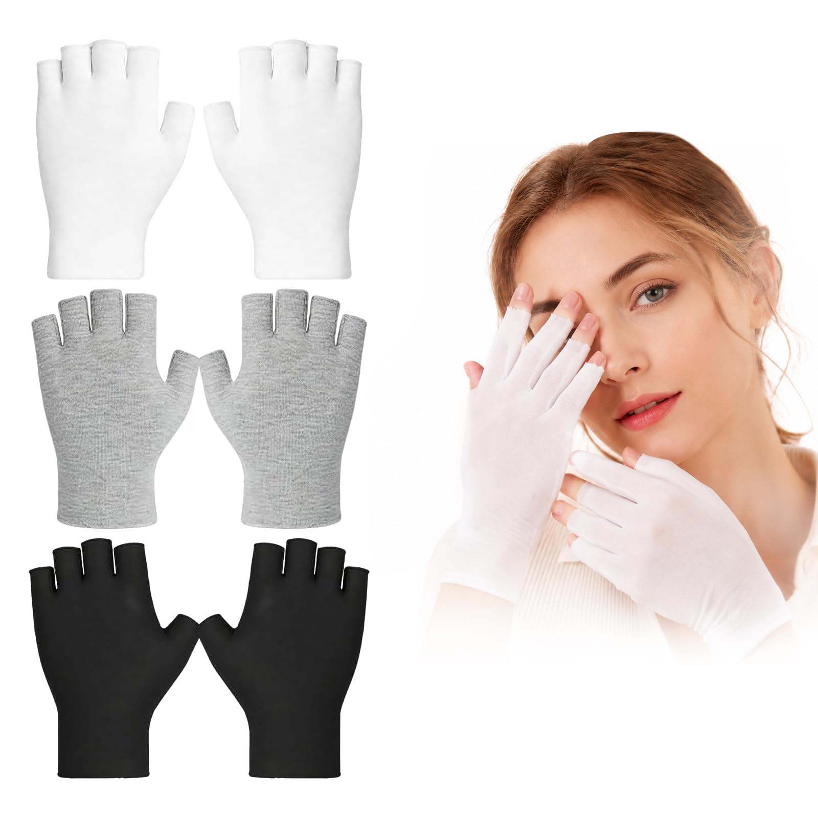 Guanti cotone dermatologici, 3 paia guanti in cotone senza dita per mani asciutte dormire e trattamenti viso, morbidi traspiranti con polpastrelli touchscreen per uso quotidiano