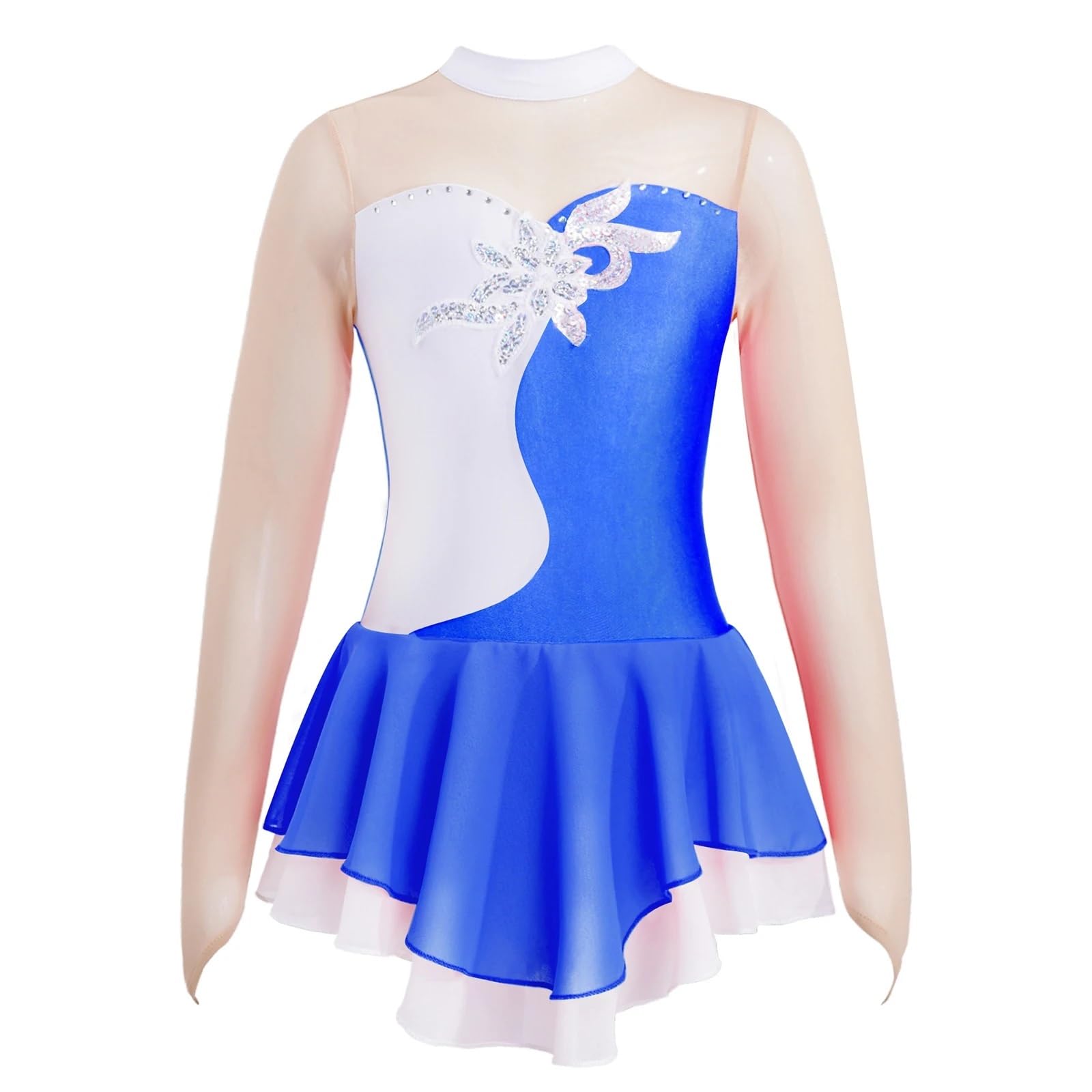 Kinder Mädchen Langarm Strass Eiskunstlaufkleid Patchwork Ballett Gymnastik Performance Kleidung