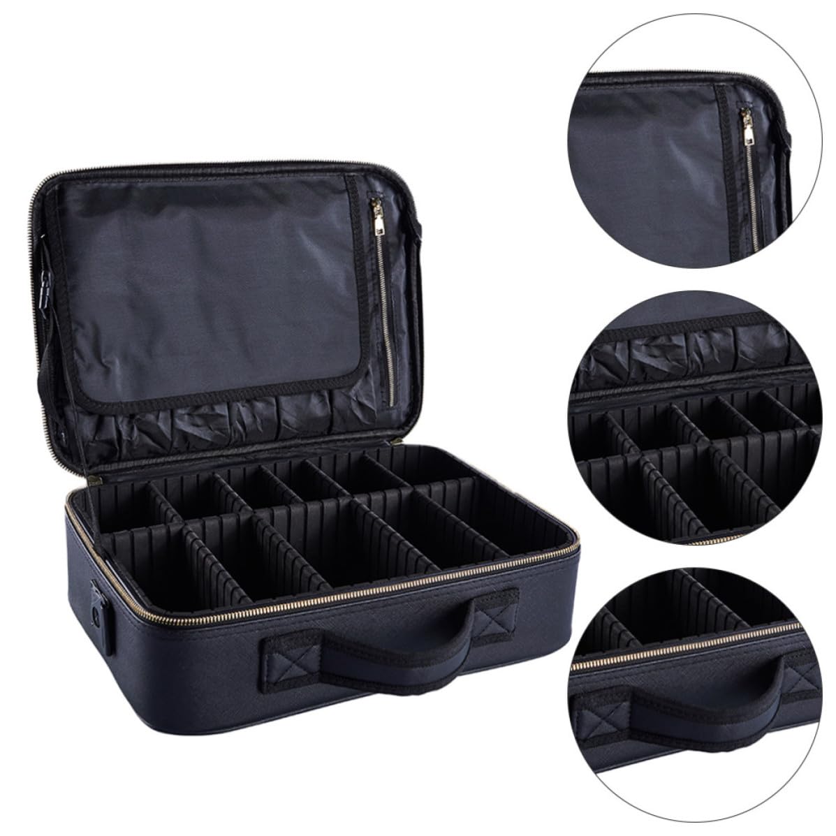 minkissy Bolsa de Cosméticos Práctica y Fácil de Llevar de Tela Oxford Negra Diseño de Compartimentos y Asa para Almacenaje y Viaje de Maquillaje