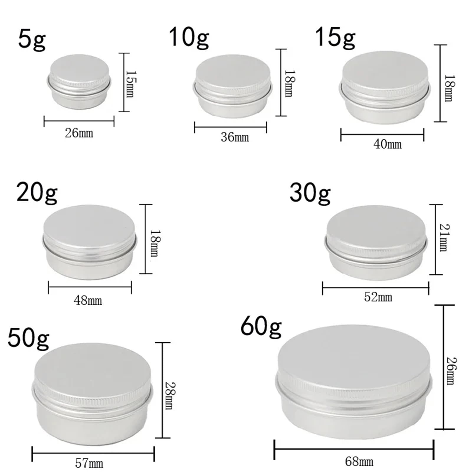 lata de aluminio, Latas con tapa de rosca aluminio, redondas y vacías, 5-60g, plateadas, for Salve, especias, velas, lápiz labial, 10 Uds(10pcs X 60g)