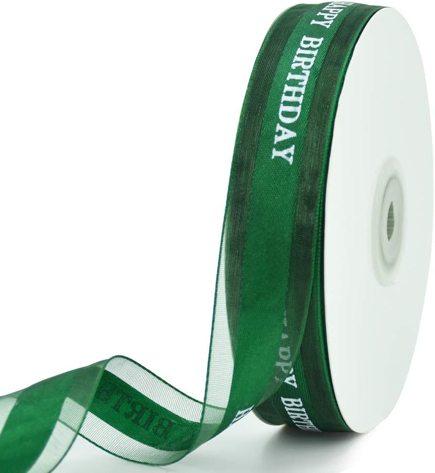 1 Inch Blackish Green Happy Birthday Silk Ribbon for Gift Wrapping 50 Yards Chiffon Organza Ribbon for Kids Party Supplies Women Girls Birthday Decoration Bouquet Wrapping