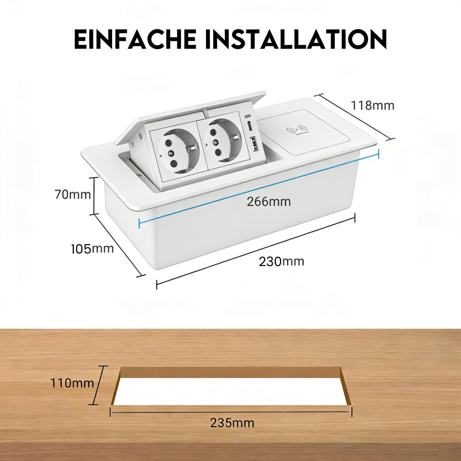 Enchufe retráctil PD20 W USB C y carga inalámbrica de 15 W, 2 enchufes, enchufe de mesa para escritorio, encimera de cocina, color blanco