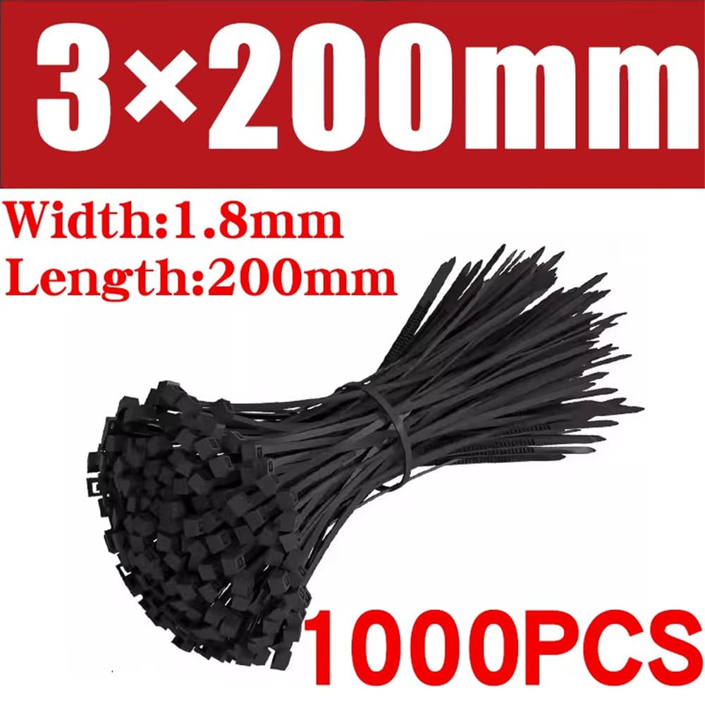 500/1000 pezzi/sacchetto fascette in nylon autobloccanti in plastica nera fascette stringicavo in nylon fascette stringicavo anello di fissaggio anello avvolgicavo, nero, 1,8x200 (1000 pezzi)