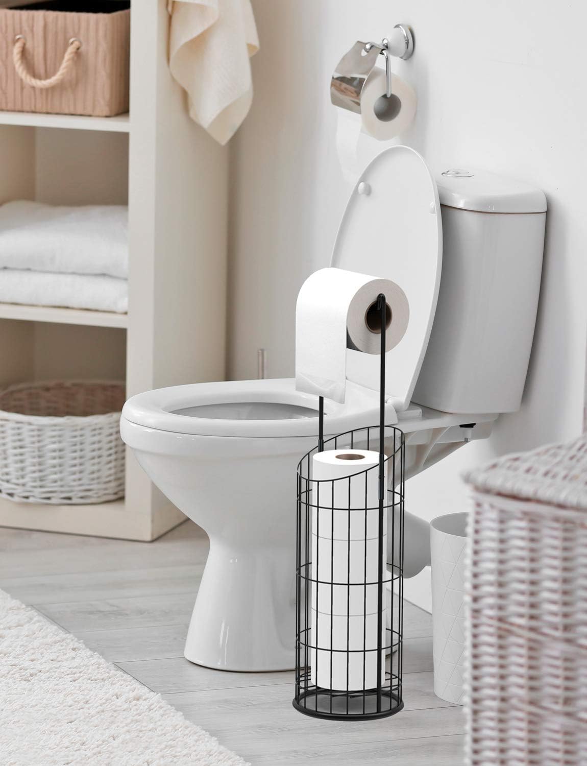 Toilet Paper Holder, Extra Larger Free Standing Bathroom Tissue Holder with Storage and Dispense for 4 Mega Rolls Tissue, Matte Black : Tools & Home Improvement
