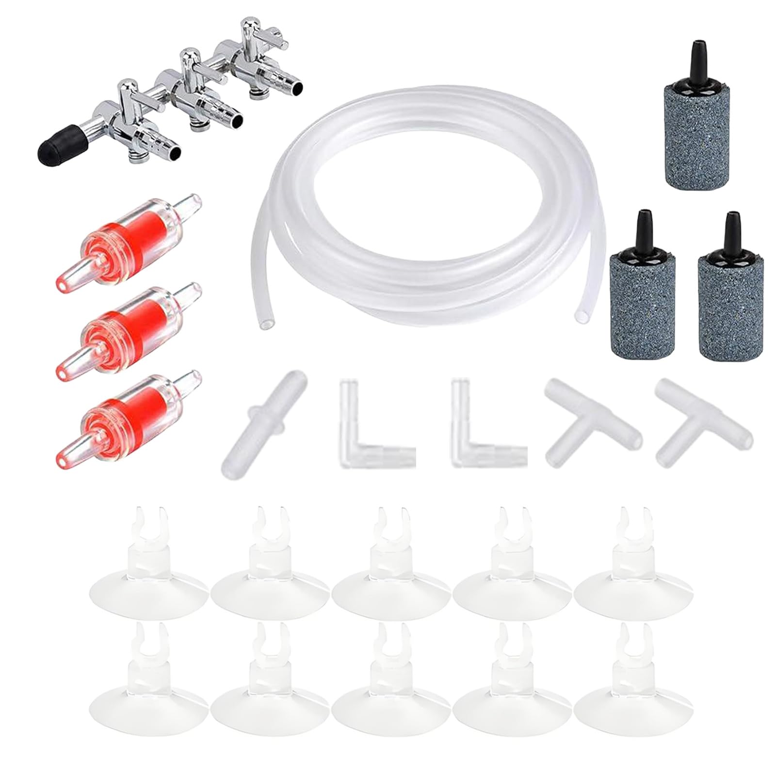 YMWALK Fish Tank Air Pump Accessories Set including 5m Airline Tube Hose,3-Way Air Valve Distributors,3 Non-return Check Valves,3 Air Stone,10 Suction Cups and 5 Connectors for Aquarium Air Pump — image 1