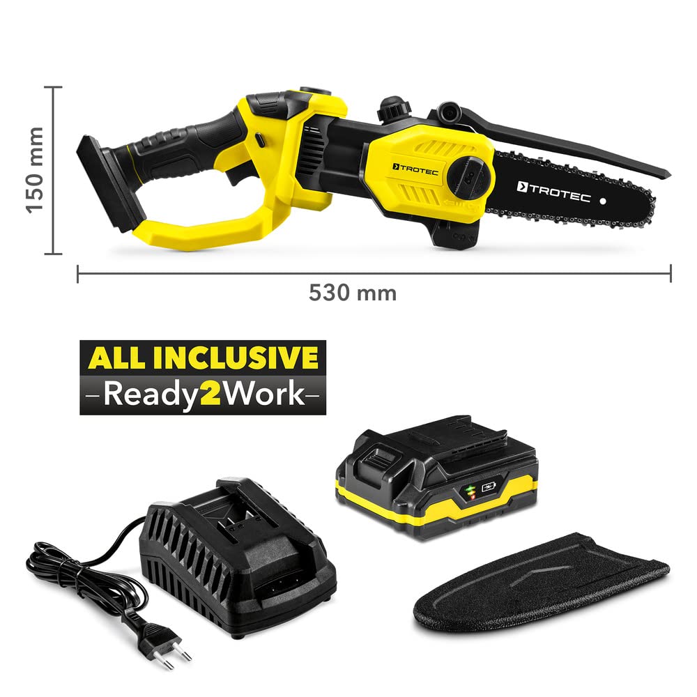 TROTEC Motosierra a batería PCHS 10-20V | Motosierra eléctrica ligera incluye batería intercambiable Flexpower de 20V y protector de cadena