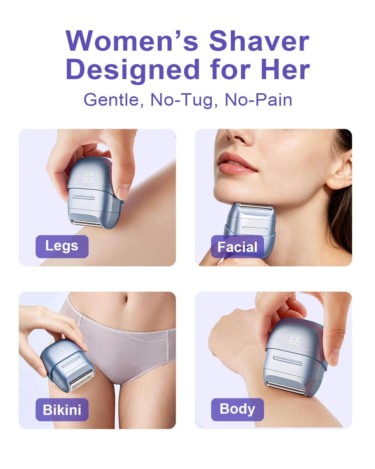 Afeitadora eléctrica inalámbrica para mujer: recortadora de bikini impermeable IPX6 con pantalla LED, maquinilla de afeitar recargable en húmedo/seco para cara, cuerpo y vello púbico (morado)