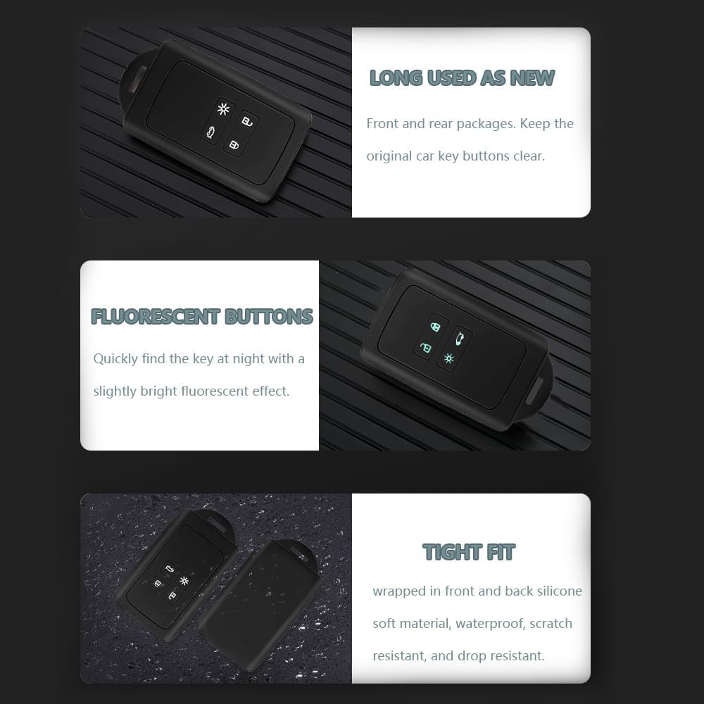 Aiperq 2pcs Accessoire Clé De Voiture Compatible Avec Renault Smart Key 4- Bouton, Coque En Silicone Souple Avec Embout Porte-Clé - Pour Clio/Espace 5 / Master Bus/Talisman/Megane USW (Noir+Noir