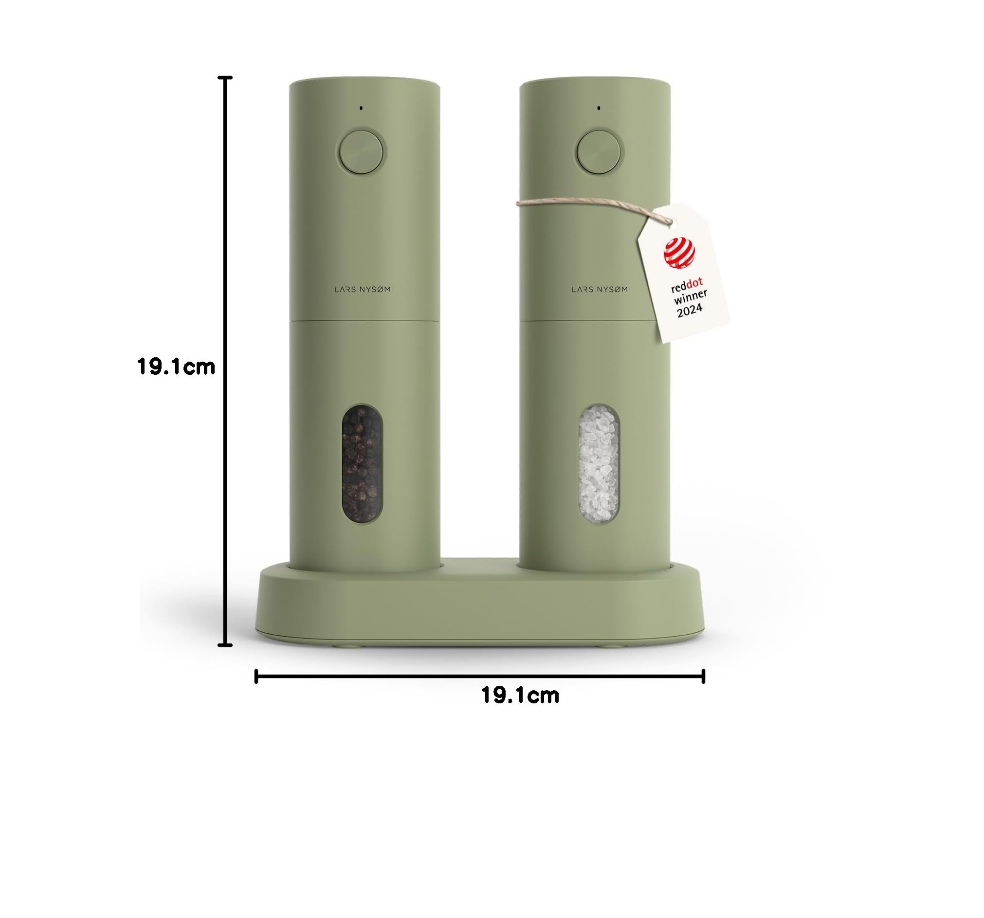 LARS NYSØM Salz und Pfeffermühlen Elektrisch Set I Keramikmahlwerk fein bis grob I USB Wiederaufladbar mit Ladestation I Automatische Salz und Pfefferstreuer I Gewürzmühlen Set (Sage Green)