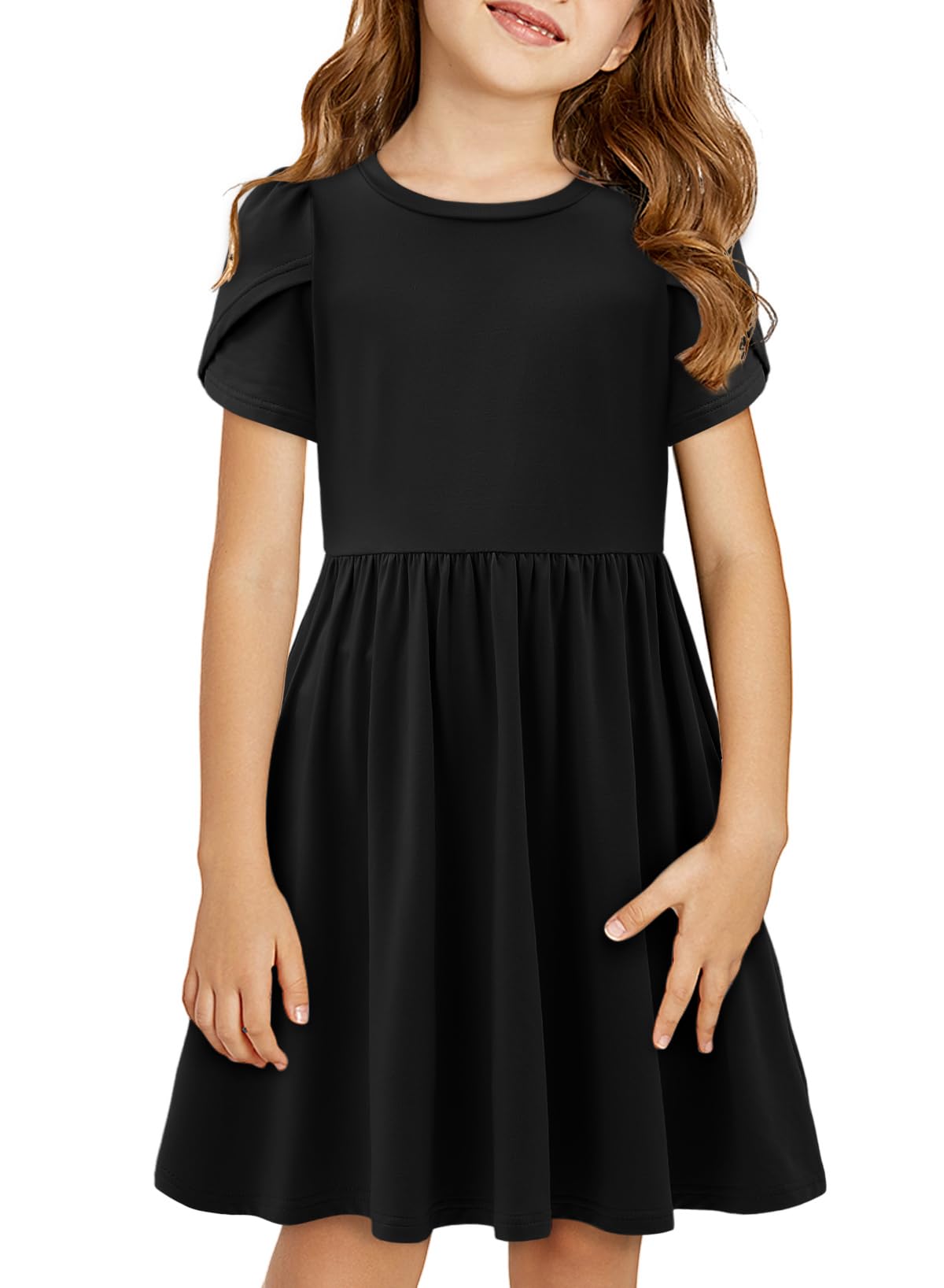 Yoklass Girls Summer Stretchy Dress A line Twirly Skater Dresses with Pockets 5-14 Years