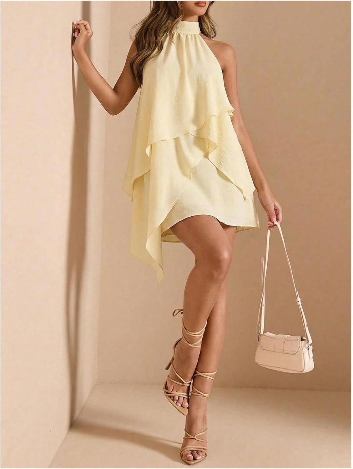 Verdusa Women's Halter Summer Dresses Ruffle Tie Backless Sleeveless Wedding Guest Dress