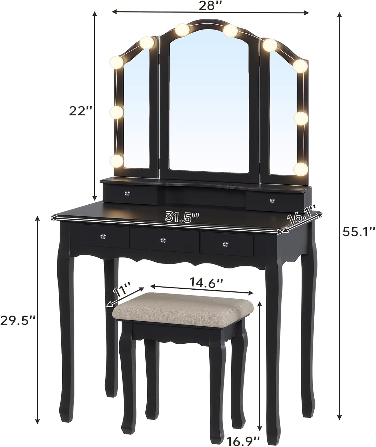 Tiptiper Makeup Vanity with Lights, Vanity Desk with 10 Light Bulbs & 3 Color Lighting Modes, Vanity Table with 5 Drawers and Cushioned Stool, Makeup Table with Tri-Fold Mirror for Women Girls, Black