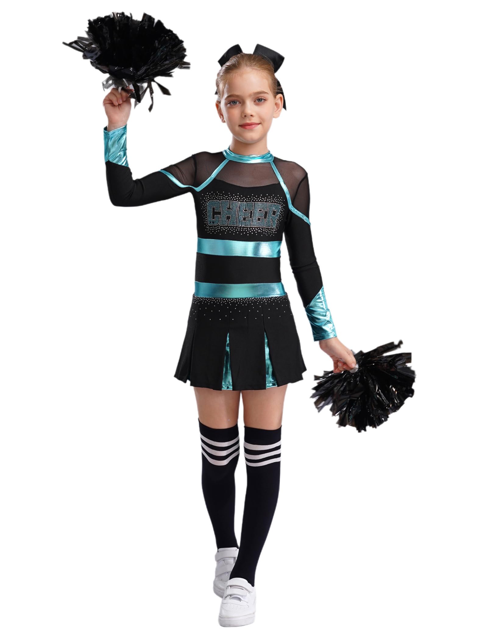 Mädchen Kostüm Cheer Leader Kinder Kleid Glitzer mit Pompons Tanzkleid Cheerleading Outfit Set Karneval Halloween Faschingskostüme