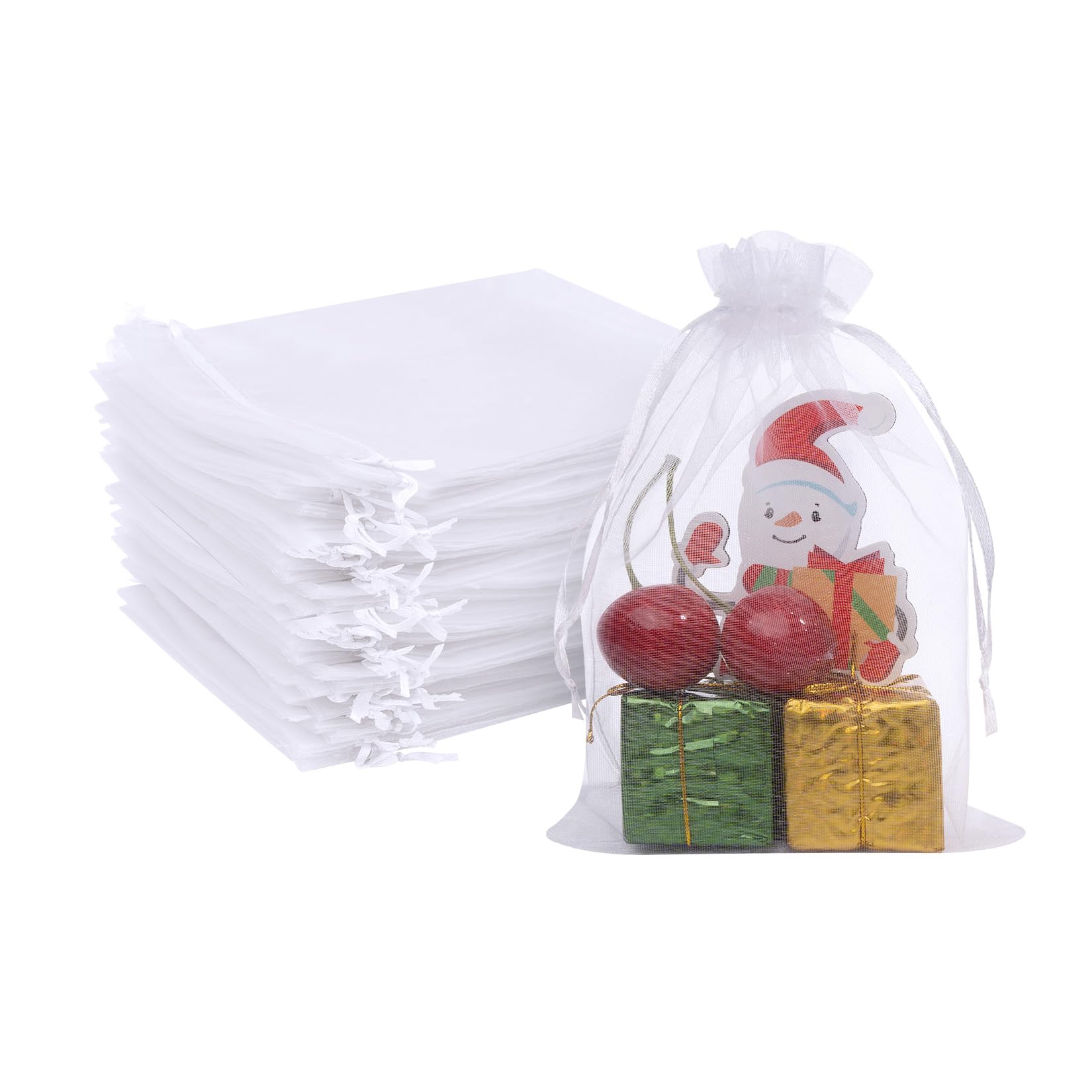 FUNFERY 100 Pcs White Organza Bags 4x6 in, Small Mesh Drawstring Gift Bags for Sachet, Jewelry, Candy, Wedding Favor, Easter Day