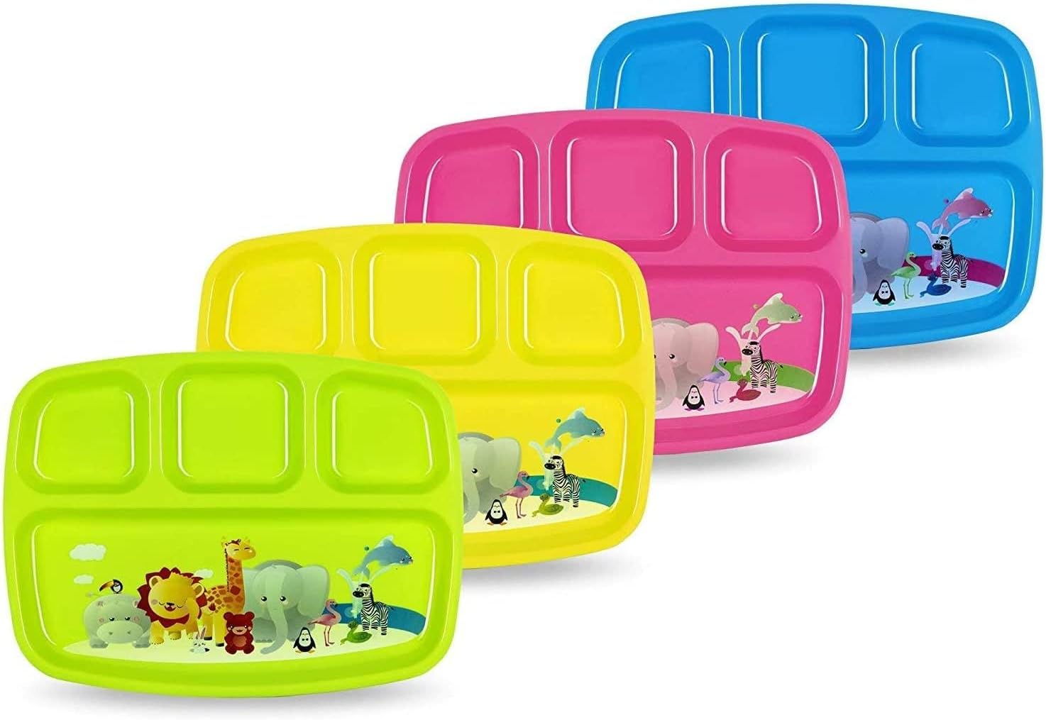 PLASKIDY Toddler Plates With Dividers - Set of 4 Kids Plates with 4 - Compartment Brightly Colored Children Dinner Divided Tray Dishwasher Safe BPA Free Plate With Fun Zoo Design