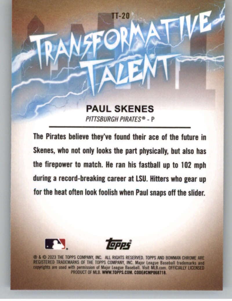 2023 Bowman Draft Transformative Talent Baseball #TT-20 Paul Skenes Pittsburgh Pirates Official MLB Trading Card (Stock Photo Shown, Card in Near Mint to Mint Condition)