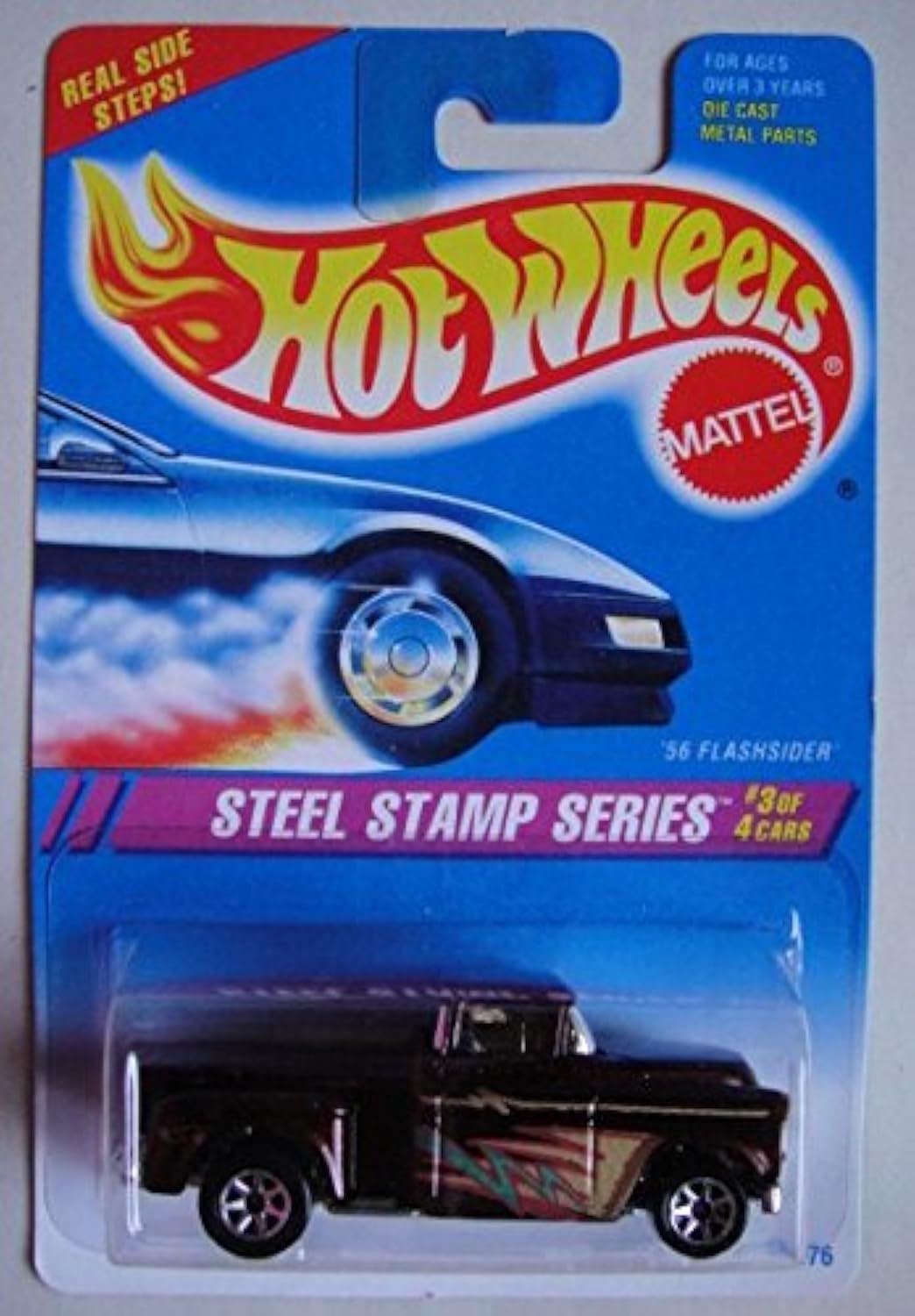 Hot Wheels Steel Stamp Series #3 of 4 Cars, RED Flake '56 FLASHSIDER 7 Spoke Real Side Steps Card