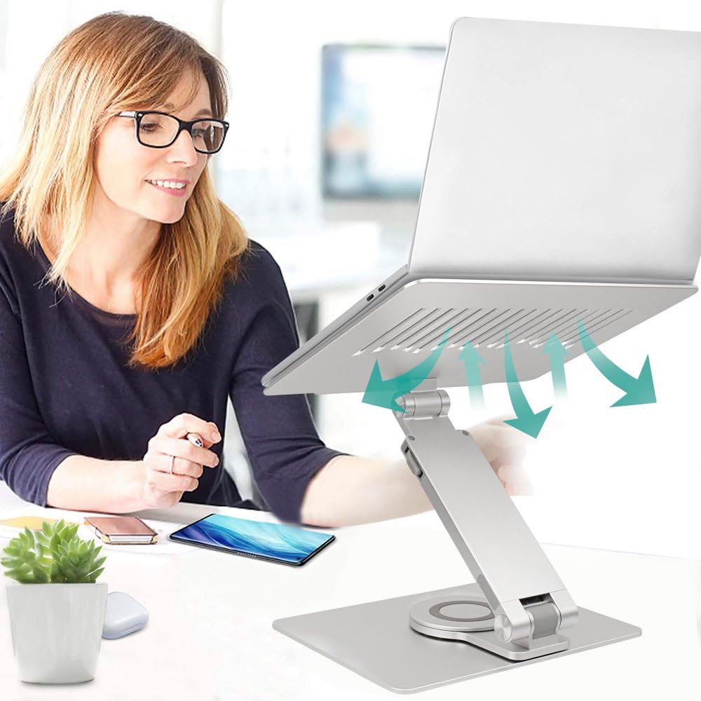 MISURA | Soporte Ergonómico para Portátiles, Enteramente Plegable, Antideslizante, Giratorio, Muy Ajustable, Ideal para Meetings | ME20-SILVER