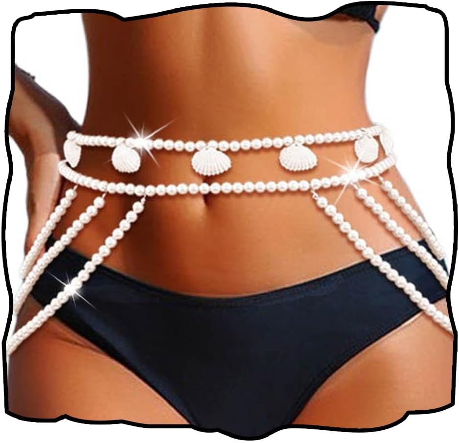 CanB Pearl Waist Chain Shell Body Chains Jewelry Layered Pearl Belly Chain for Women
