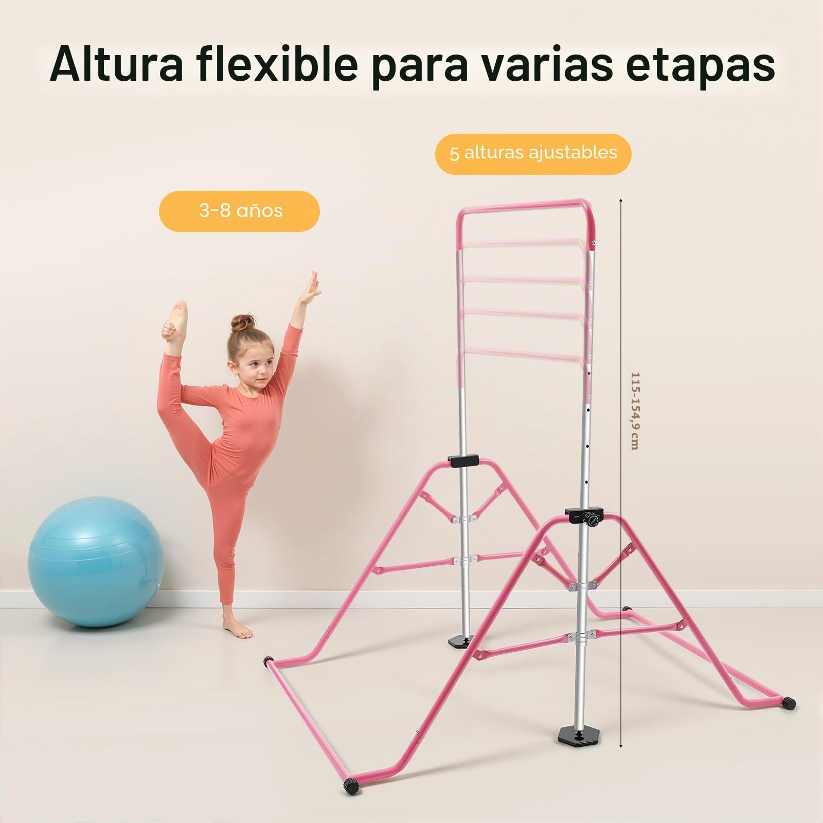 Barra de gimnasia plegable, barra de gimnasia máx. 80 kg, barra horizontal de 115 – 155 cm, altura ajustable, para personas con un peso inferior a 220 libras, rosa