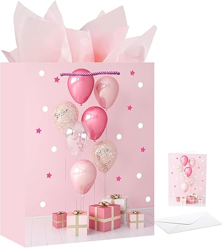 Bolsa de regalo de cumpleaños de 12.6 pulgadas con asa y papel de seda, bolsa de regalo para niños, niñas, mujeres y hombres, fiesta de cumpleaños,