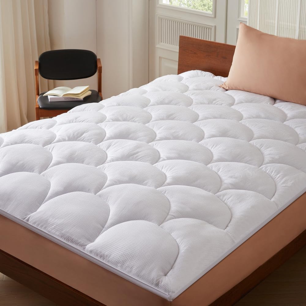 CASABEL Cubrecolchón 160 x 200 cm de Microfibra Refrescante, Relleno de Fibra Hueca 600 gsm, 4 cm de Grosor, Sujeción Elástica, Topper para Cama Doble 160x200