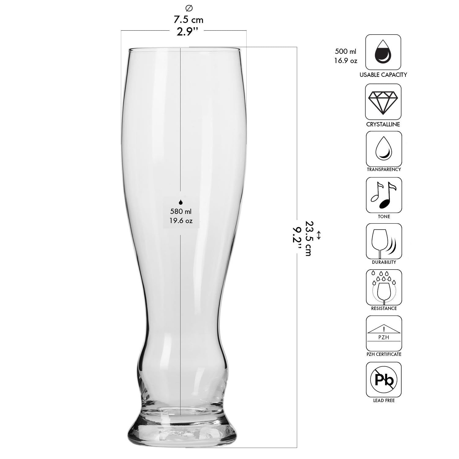 KROSNO Szklanki do Piwa Pszenicznego i Lager Kolekcja Splendour, 6 x 500 ml | Szkło Kryształowe Bezołowiowe, do weizenów, witbierów, pilsów i helles, zmywarka, domowy barek i degustacja