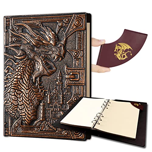 AncientDeer DND Notebook/Journal, Unique 400 Page Book with 3D Dragons Leather Refillable 6-rings binder and Bookmark for dungeons and dragons D&D dice accessories Role Playing Games,Great DND Gifts