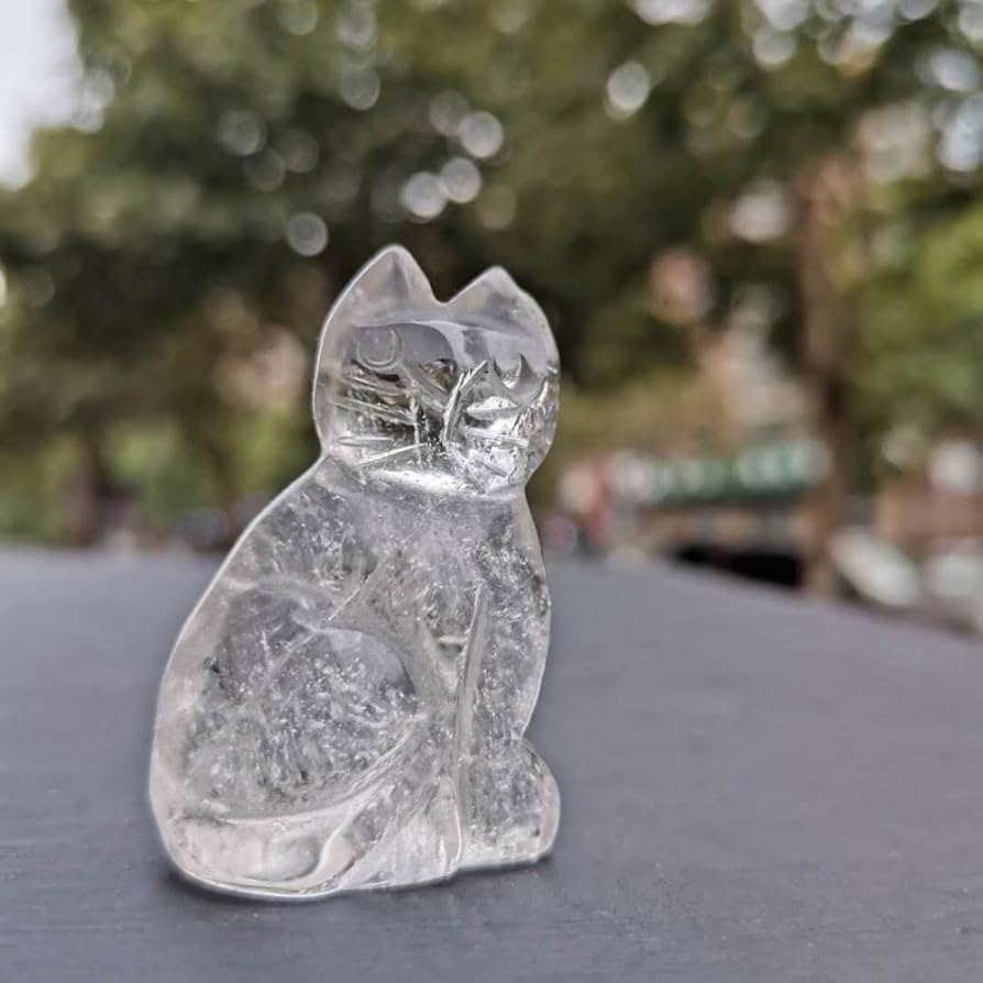 ★ホワイトガーデンクォーツ　クリアクォーツねこネコ猫の置物 ☆ホワイトガーデンクォーツクリアクォーツねこネコ猫の置物