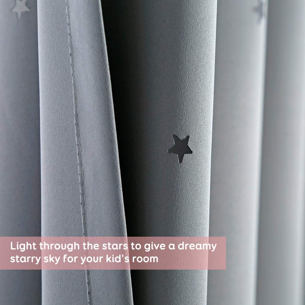 BUZIO 2 Panels Twinkle Star Kids Room Curtains, Thermal Insulated Blackout Curtains with Punched Out Stars for Space Themed Nursery and Bedroom (52 x 63 Inches, Space Gray)