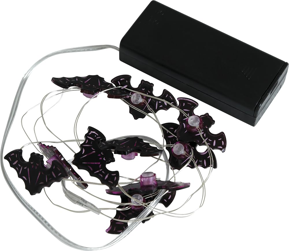 FIESTAS GUIRCA | Battery Operated Bat String Lights with 10 LEDs (120 cm) - Halloween and Themed Party Decoration - Ideal for Lighting and Spooky Atmospheres - Purple
