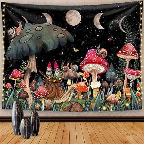 DUKUANGGT Trippy Mushroom Tapestry Moon and Stars Tapestry Tapestry for Bedroom Fantasy Plants and Snail Tapestries Wall Tapestry for Room (Black Colorful, 51.2ʺ × 59.3ʺ)