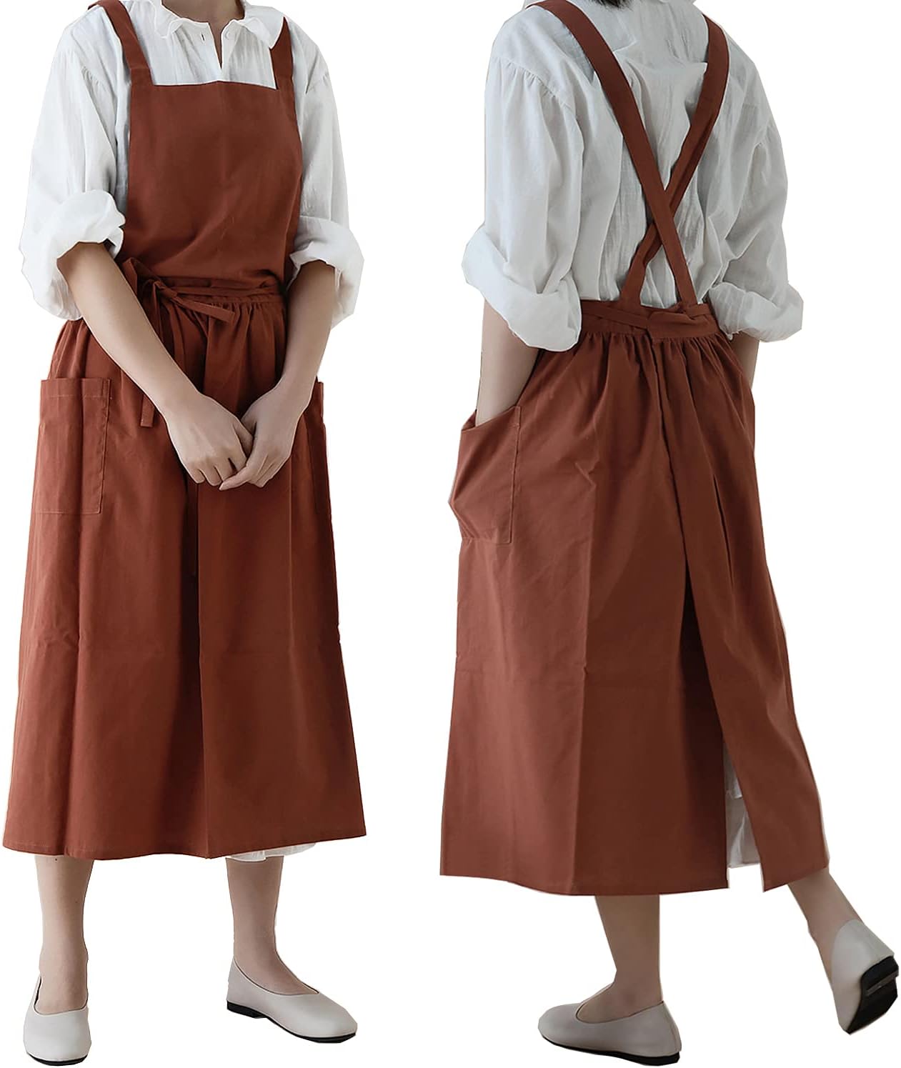 VLZUFE Women Cotton Linen Cross Back Apron with Pockets for Gardening Works Pinafore Dress