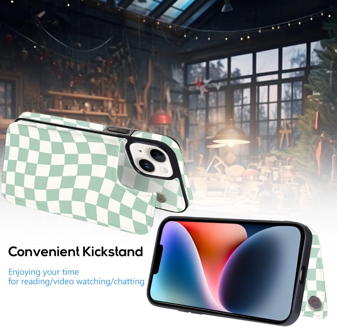 Compatible with iPhone 14/13 6.1" Wallet Case with Card Holder Folio Flip PU Leather Kickstand Card Slots Case Double Magnetic Clasp and RFID Blocking Cover 6.1 Inch (Green Checkerboard) - Image 5