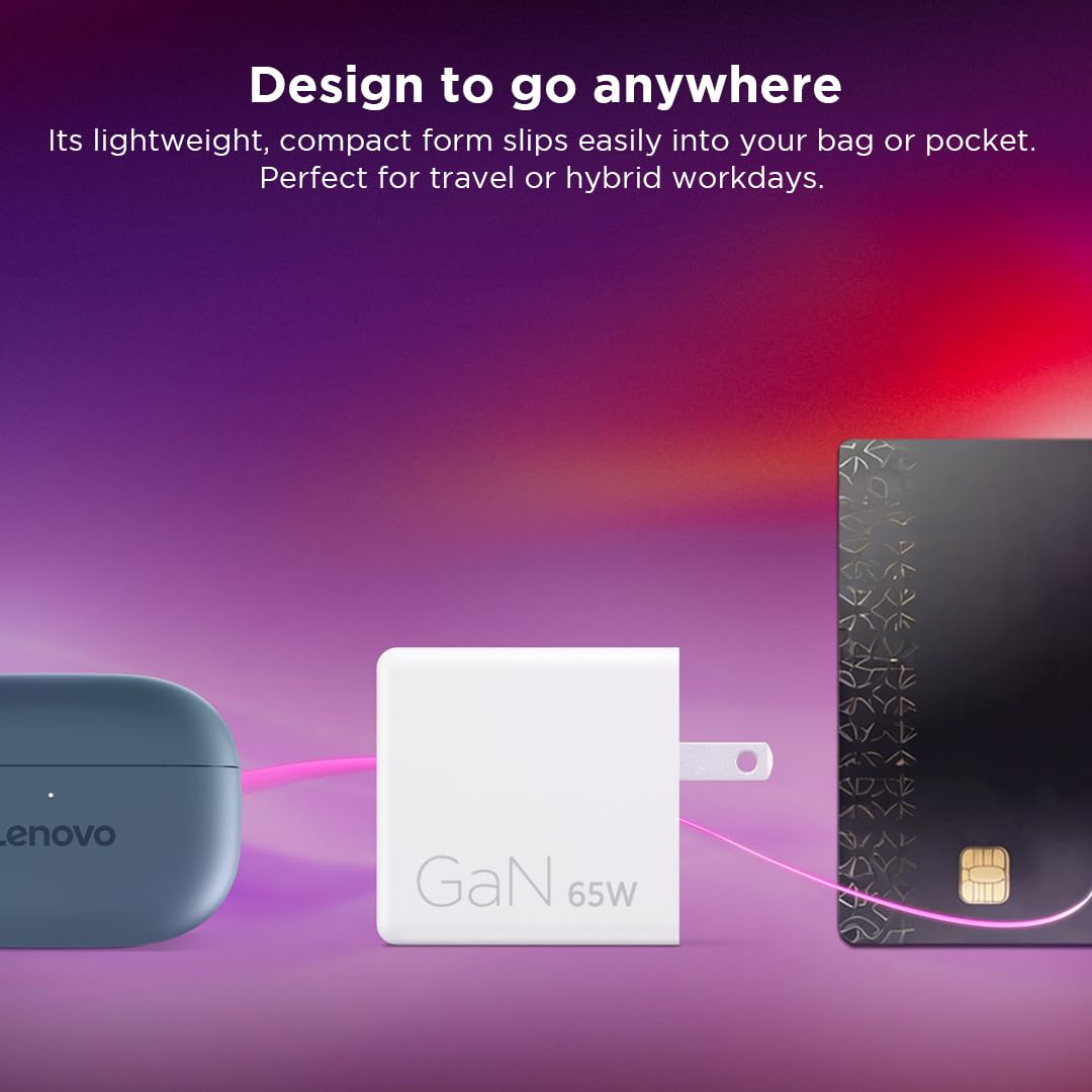 Lenovo Caricatore doppio USB-C 65W GaN, 2 porte USB-C, per laptop/tablet, telefoni e altro, dimensioni compatte, spina pieghevole, include cavo USB C da 1,5 m, modello/tipo: CC65, bianco