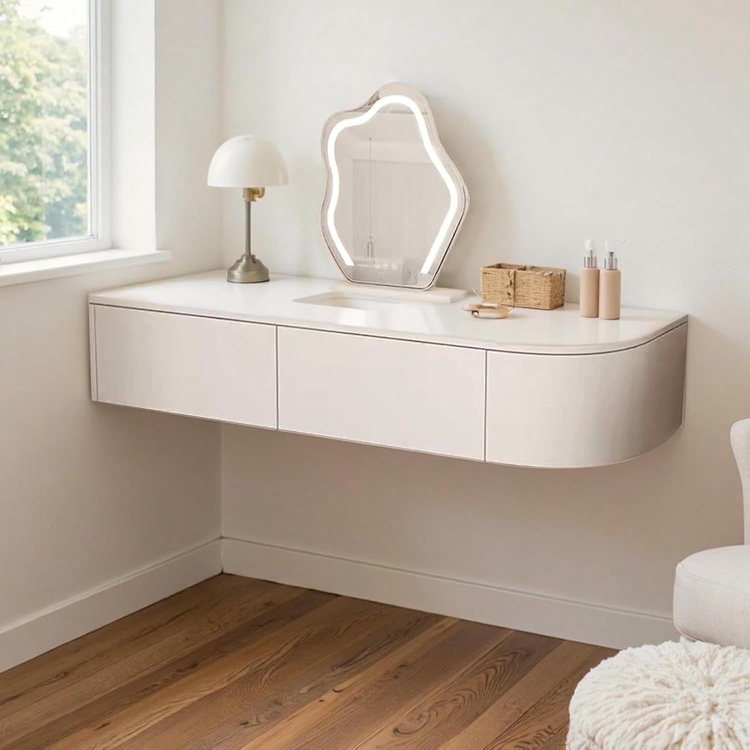 White Floating Vanity Makeup Table with Lighted Mirror - Wall Mounted Dressing Table & Corner Desk- Modern Dresser with Drawers & Shelf