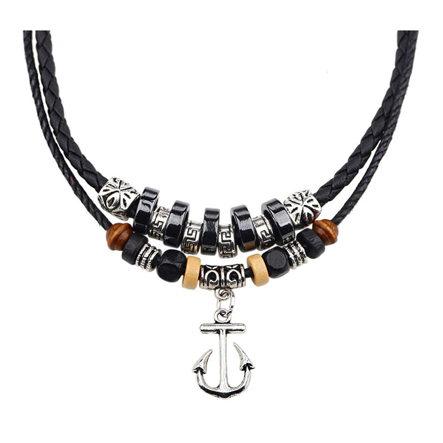 Gift MenTastic Black Leather Rope Wooden Beads Necklace for Men Princess Length Multilayer Silver Anchor Charm Pendant for Boys Western Fancy Fashion Jewelry-image-33