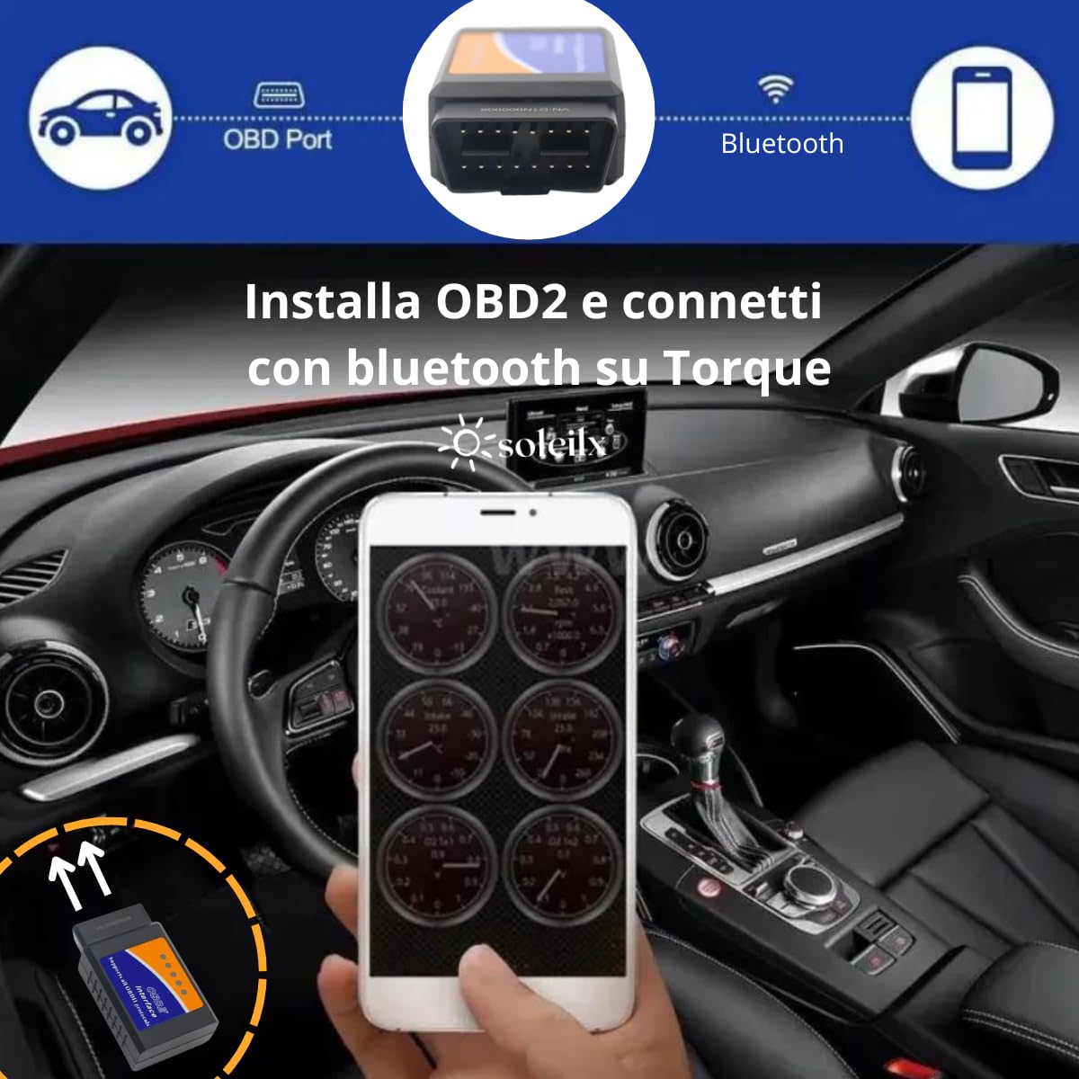 soleilx OBD2 Bluetooth, Scanner Diagnostico Auto Multimarca, Lettore per Diagnosi Veicoli Compatibile con iOS Android Windows