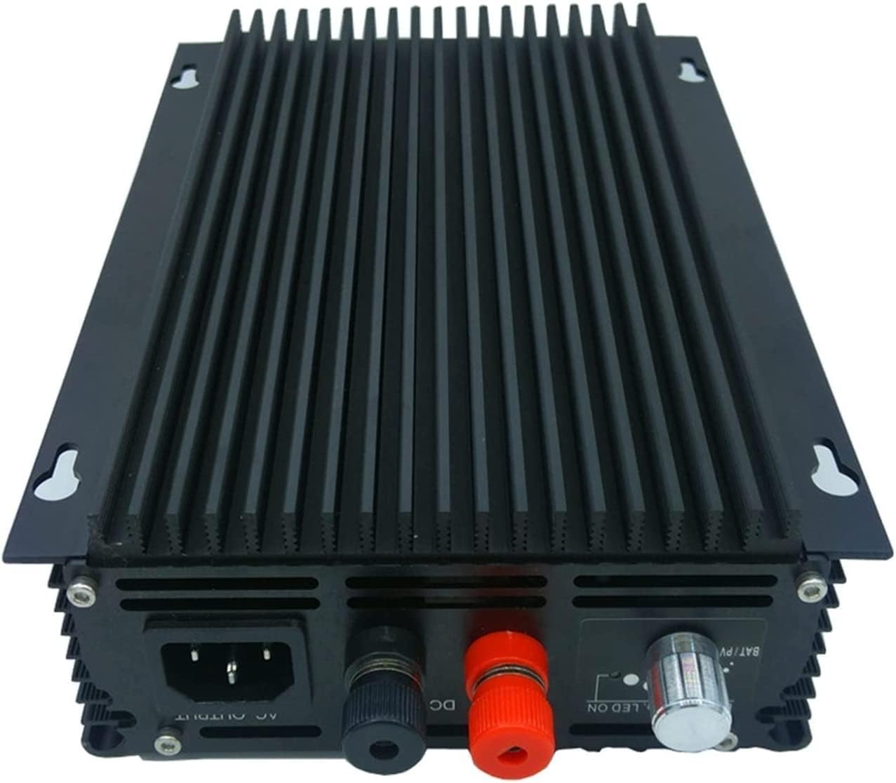 Rear view of the QIANMEI 600W Pure Sine Wave Power Inverter showing AC output, DC input, and control knob.