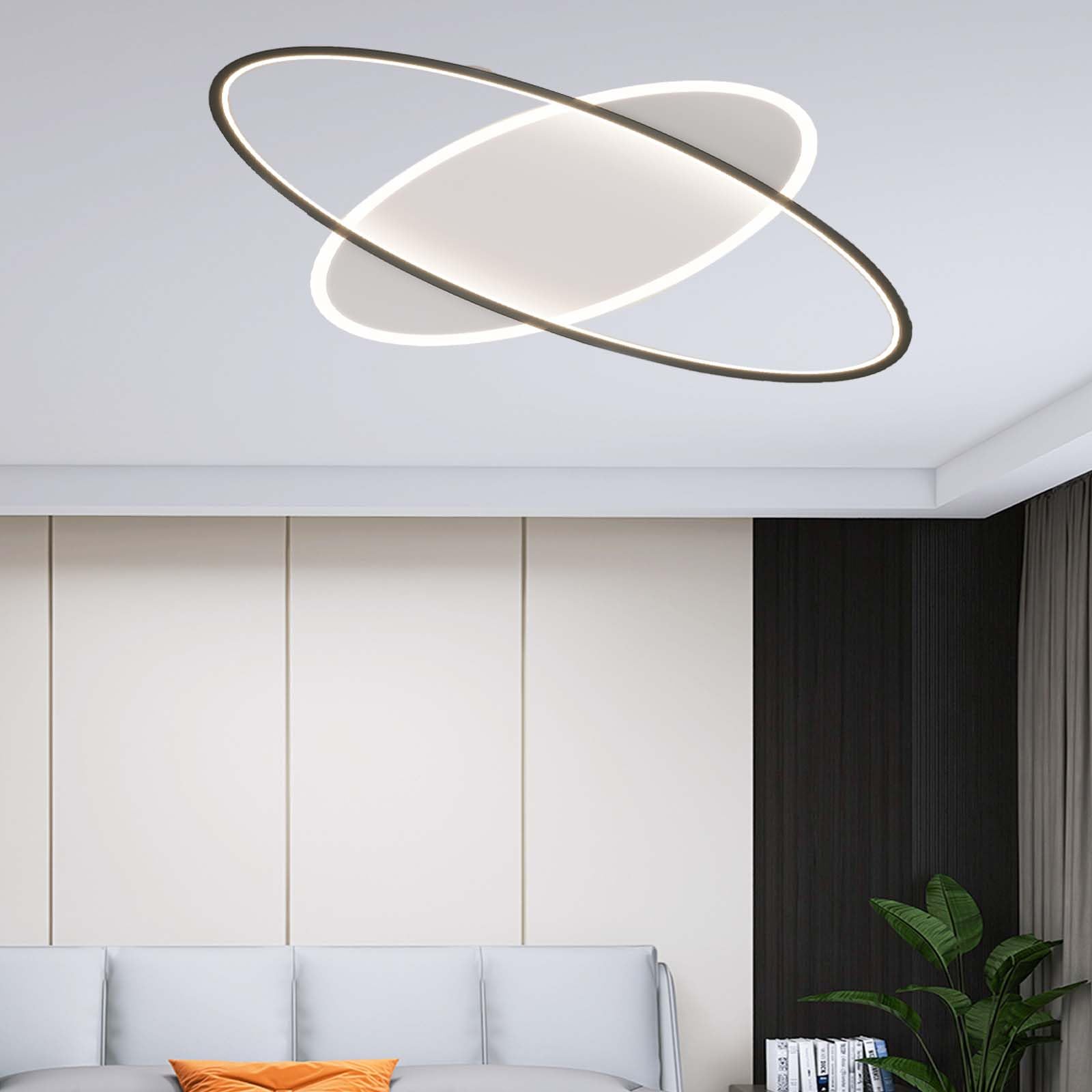 KXEcoLife Modern LED Ceiling Light with Remote Control App Pendant Infinitely Dimmable 30W Oval Chandelier for Living Room and Bedroom Black 45cm & 55cm